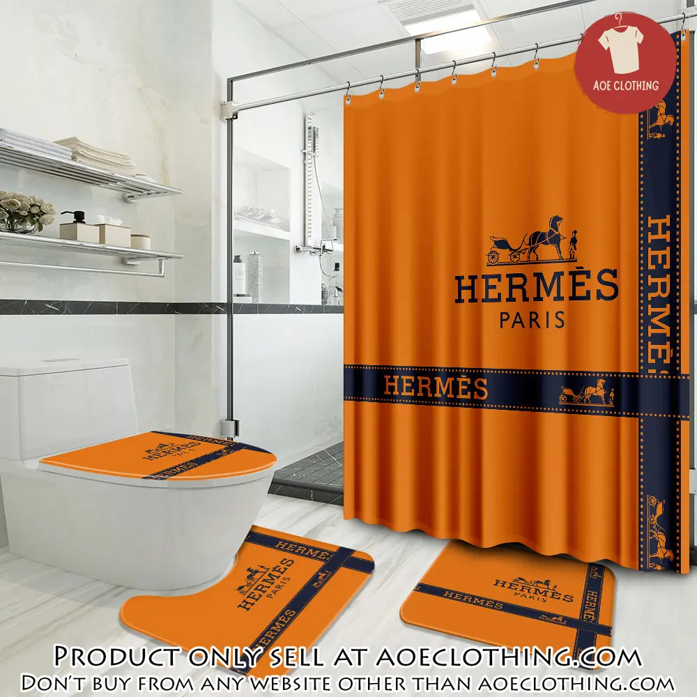 Hermes orange luxury brand preium bathroom set with shower curtain aoe0656068